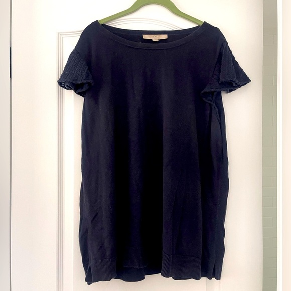 LOFT Plus Navy Cotton Flutter Sleeve Sweater Knit Top Size 16/18 XL Crewneck - Picture 2 of 8